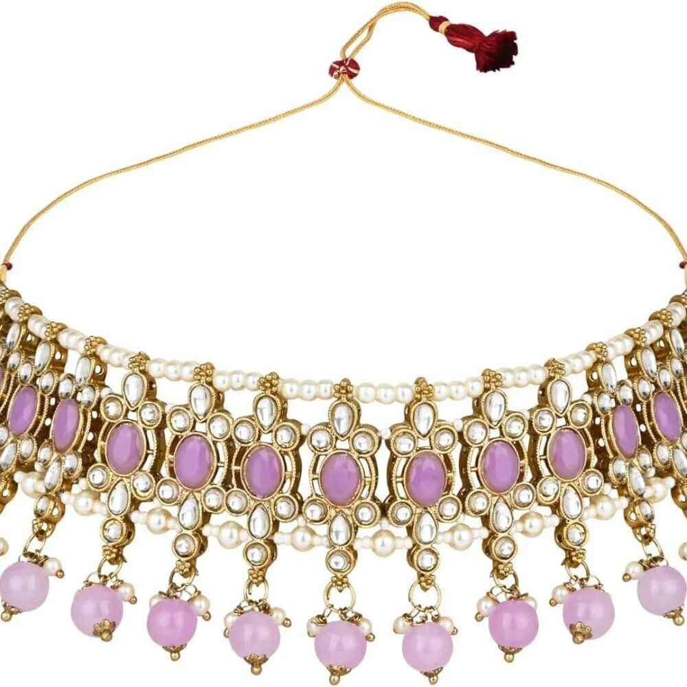 Gold Plated Indian Wedding Jewelry Set Pearl Kundan Choker Earrings Maang Tikka